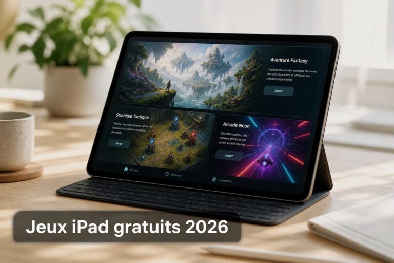 Tablette moderne posée à l'horizontale sur une table lumineuse affichant divers univers de jeux vidéo avec le texte Jeux iPad gratuits 2026.