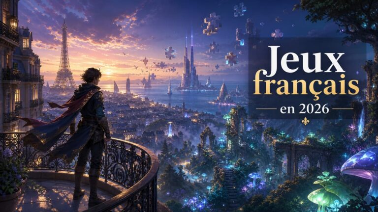 Composition panoramique mêlant architecture parisienne, paysage fantastique et horizon futuriste de jeux vidéo, avec le texte Jeux français en 2026.