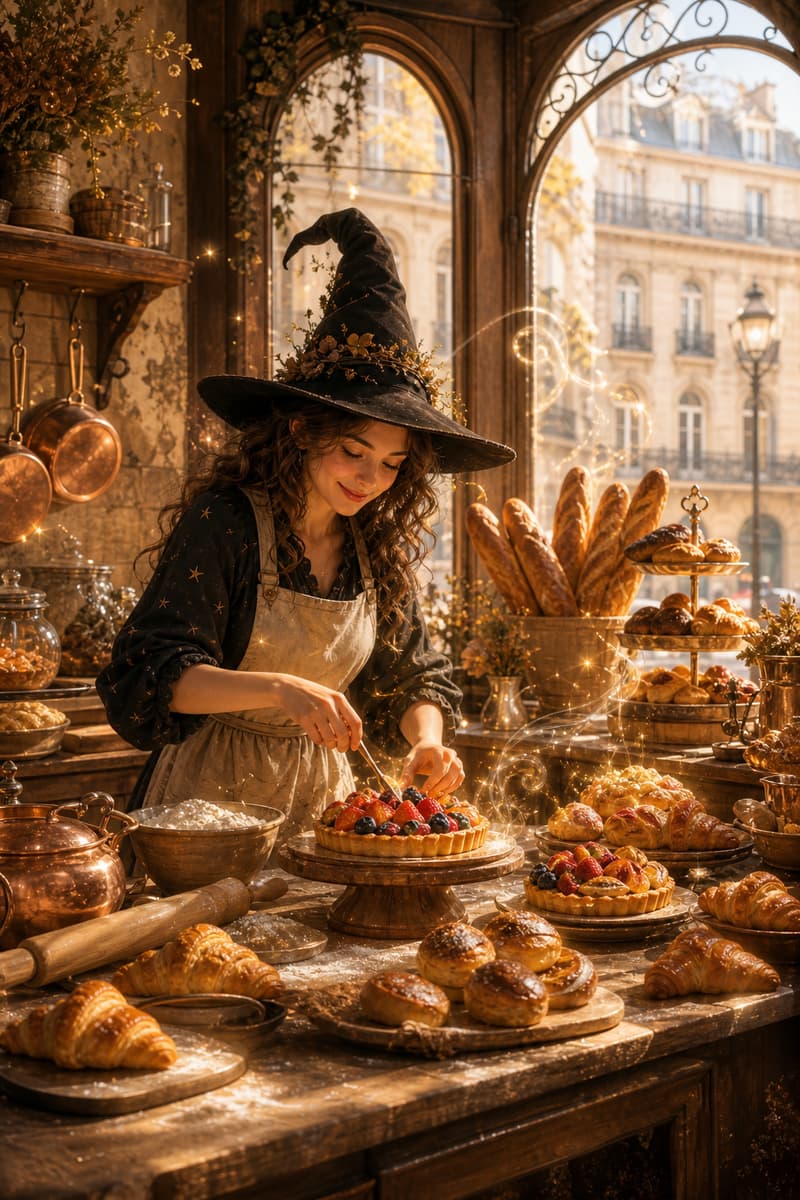 Une jeune sorcière prépare des pâtisseries lumineuses dans une boulangerie artisanale devant une baie vitrée donnant sur une rue parisienne.