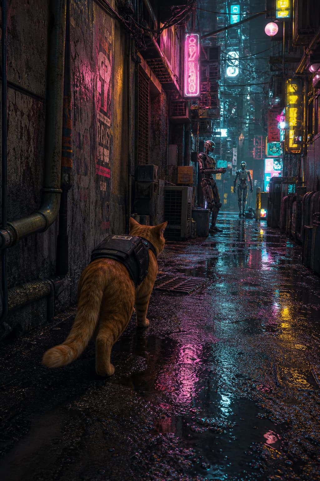 Chat roux vu de dos explorant une ruelle cyberpunk sombre illuminée par des enseignes néon colorées, avec des robots en arrière-plan.