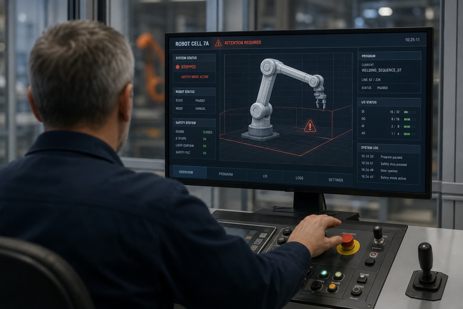 Un opérateur vu de dos supervise un robot sur un écran de contrôle affichant un signal d’alerte rouge.