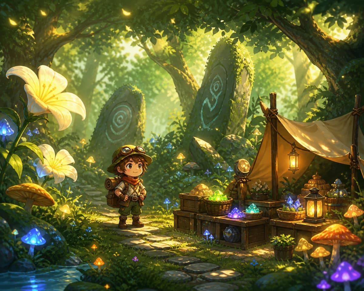Un petit explorateur se tient dans une clairière fantastique et lumineuse à côté d'un campement garni de paniers de ressources.