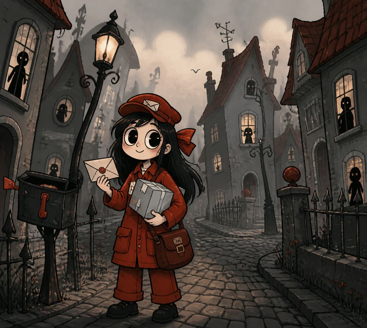 Une factrice stylisée en uniforme tenant une lettre et un colis dans une rue aux maisons biscornues et à l'atmosphère décalée.